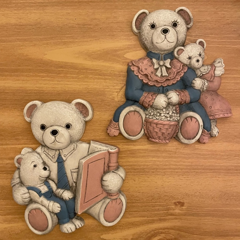 Vintage Homco Plastic Papa And Mama Teddy Bear Nursery Wall Decor Hanging Set